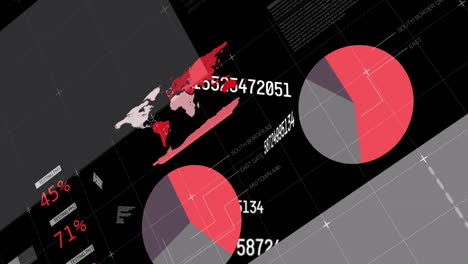 displaying animation, world map with pie charts showing statistical data in school