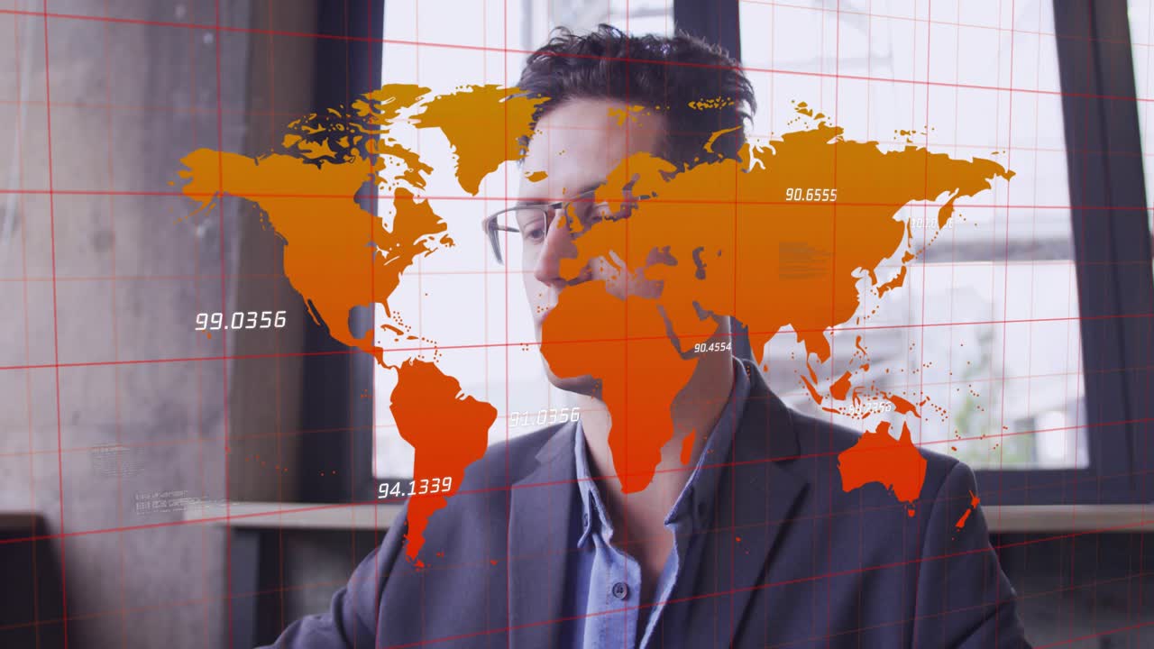 Man sipping scanning cup lift starting animated orange map with numbers red grid reviewing biz data