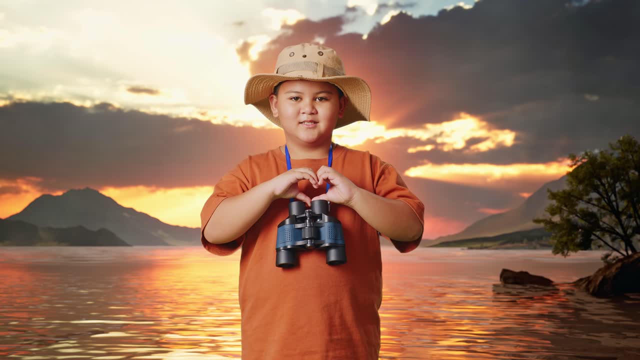 Asian Boy With A Hat And Binoculars Making Heart Shape Gesture At A Lake. Boy Researcher Examines Something, Travel Tourism Adventure Concept
