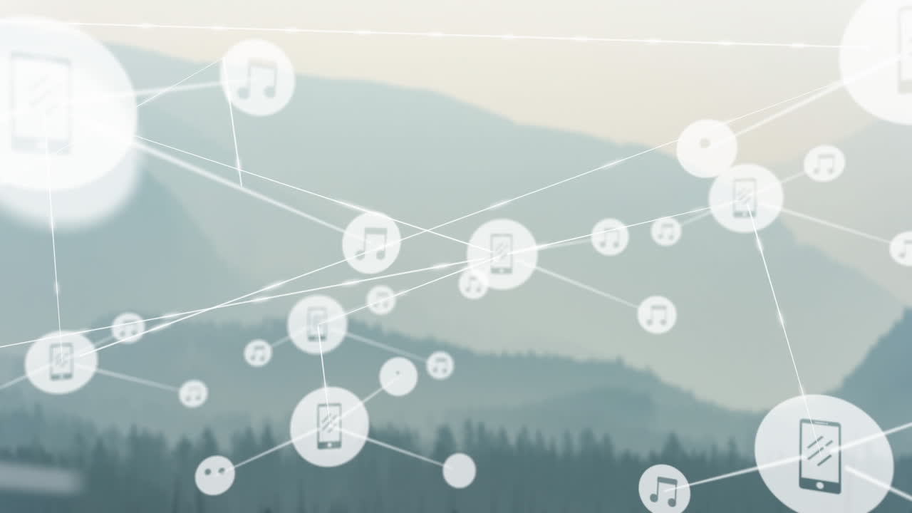 풍경 위의 아이콘으로 연결된 네트워크의 애니메이션