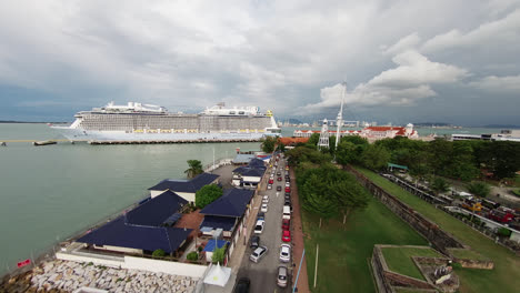 Aerial-shot-of-cruise-and-clock-tower-in-Penang-Esplanade