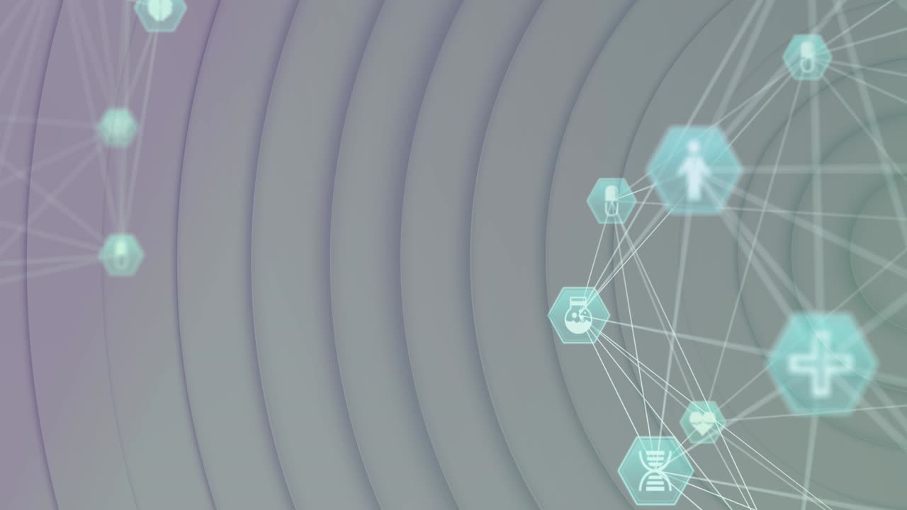 globo de iconos digitales contra círculos en movimiento sobre fondo blanco