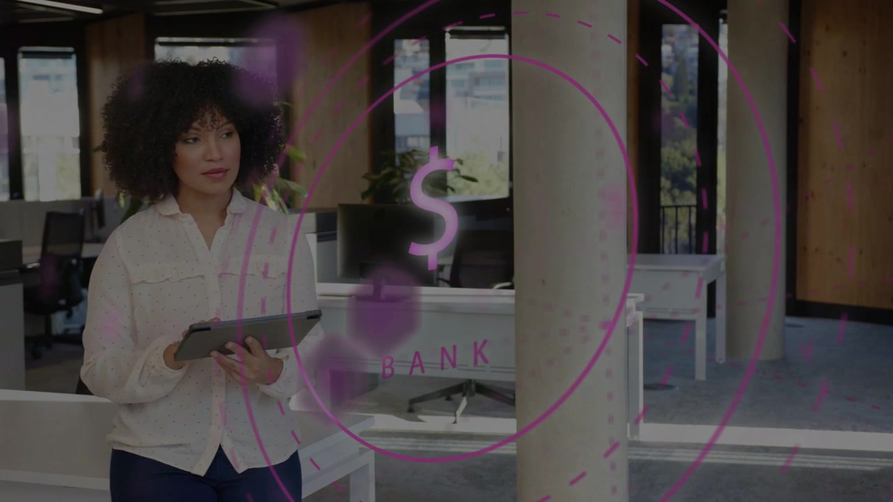 Overlay appearing, woman moving into frame tapping tablet, checking BANK data with HUD rotating