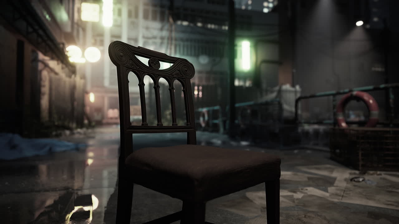 밤에 어두운 골목에서 외로운 의자