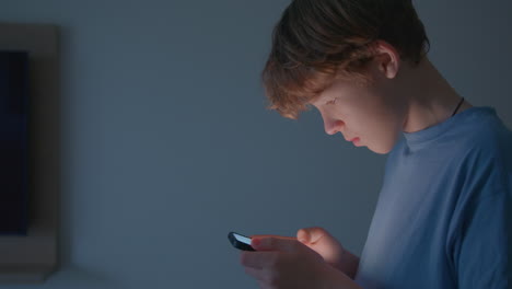 niño adolescente usando el teléfono inteligente por la noche