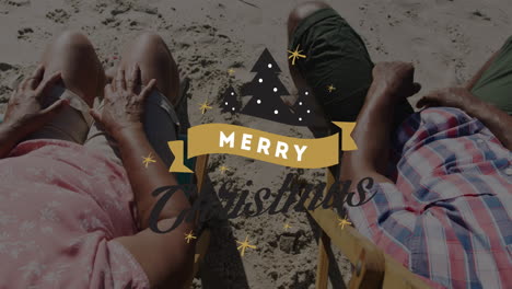 animation of christmas greetings text over senior biracial couple on beach