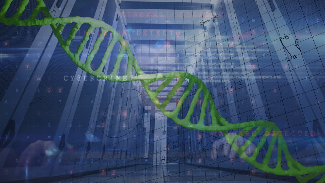 Animation of spinning dna strand over server room