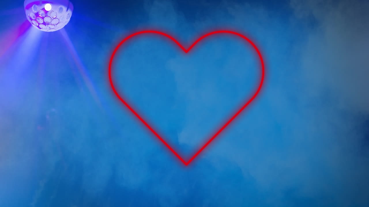 animación de un icono de corazón de neón parpadeante y una pelota de discoteca en un fondo de nubes azules