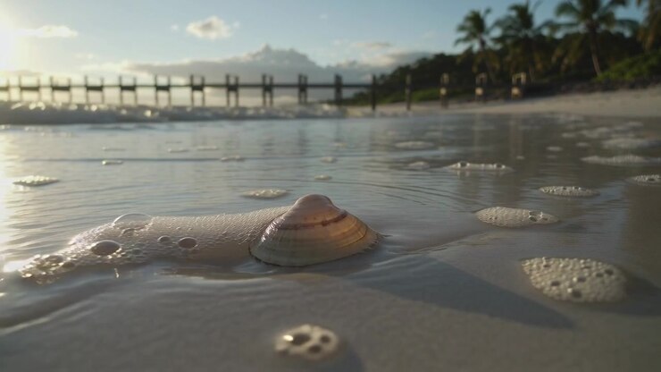 Incoming tide washing conical seashell on wet sand at waterline, foaming around shell near pier