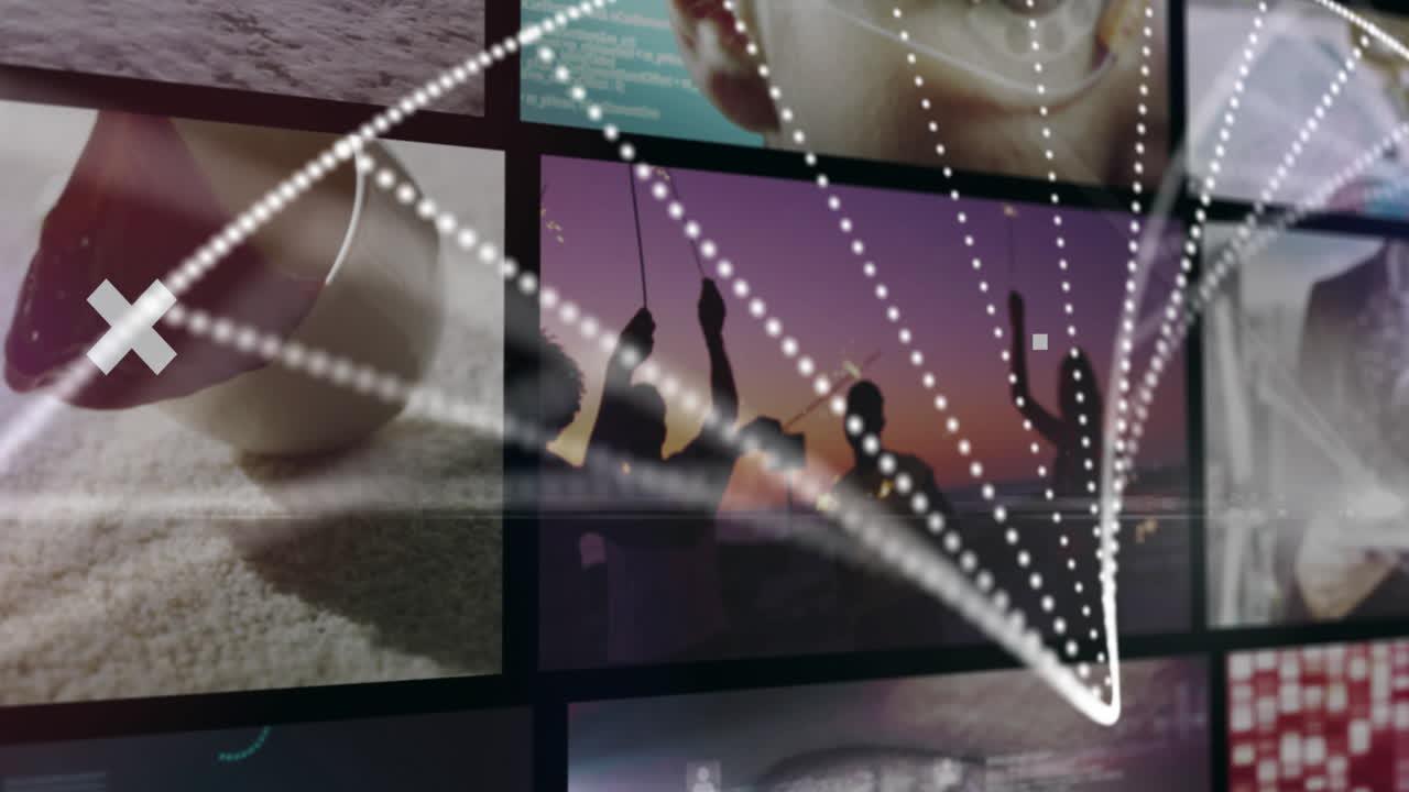 siluetas bailando al atardecer sobre la animación de partículas flotantes y cruces