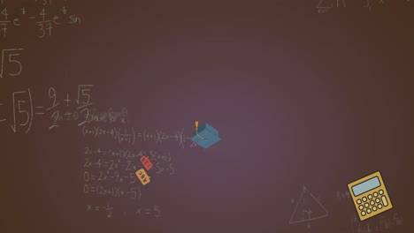 animación de ecuaciones matemáticas e iconos de conceptos escolares flotando contra un fondo de gradiente
