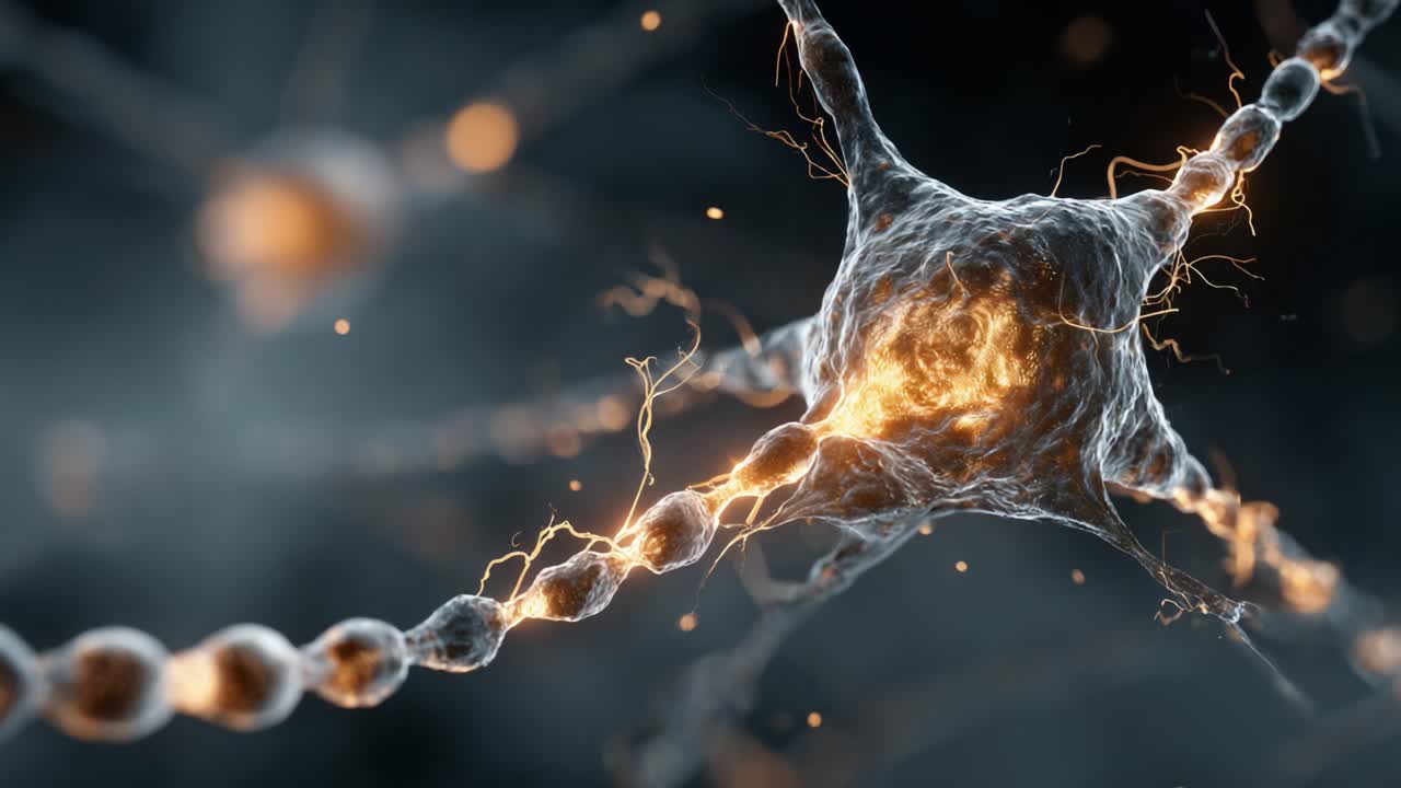 Captivating Molecular Interactions: A Detailed Visualization of a Neuron's Activity and Connections in an Electrifying Biological Environment