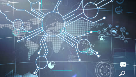 Animation-of-network-of-connections-over-world-map-in-background