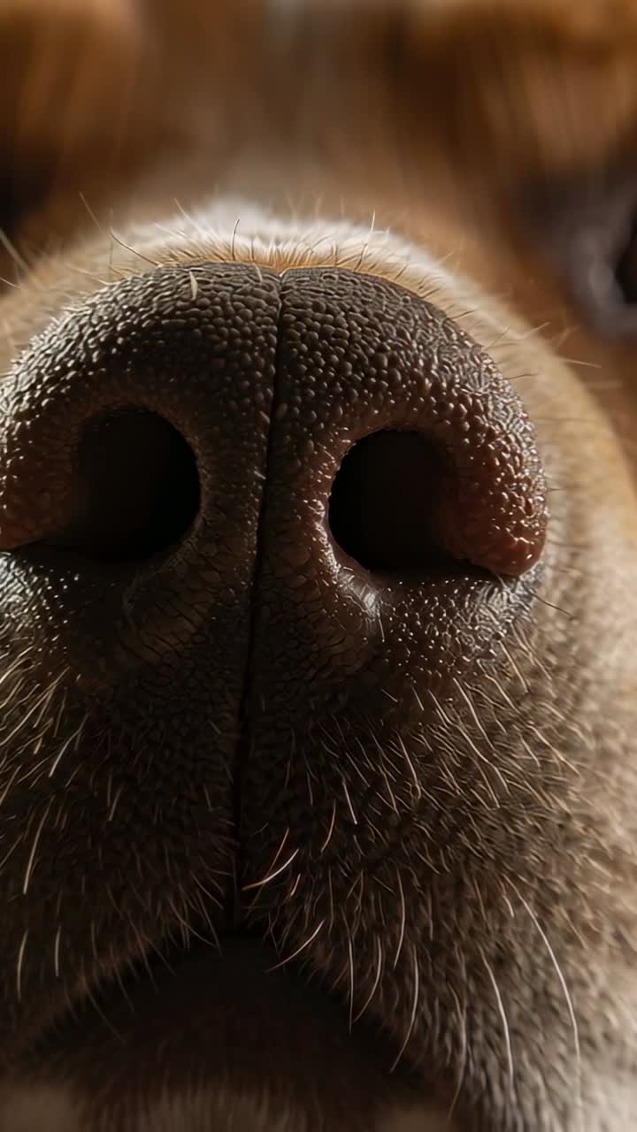 Dikey video: Kamera geri çekiliyor; evde kahverengi köpek kokluyor ve bıyıklarıyla birlikte burnunu ortaya çıkarıyor.