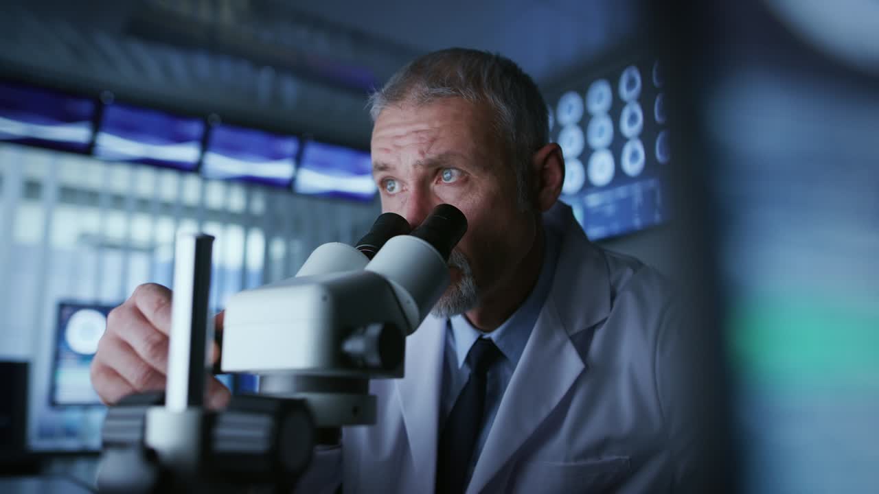 científico de investigación médica senior mirando bajo el microscopio en el laboratorio. neurólogo resolviendo rompecabezas de la mente y el cerebro. en el laboratorio con múltiples pantallas que muestran imágenes de escaneo cerebral de resonancia magnética o ct.