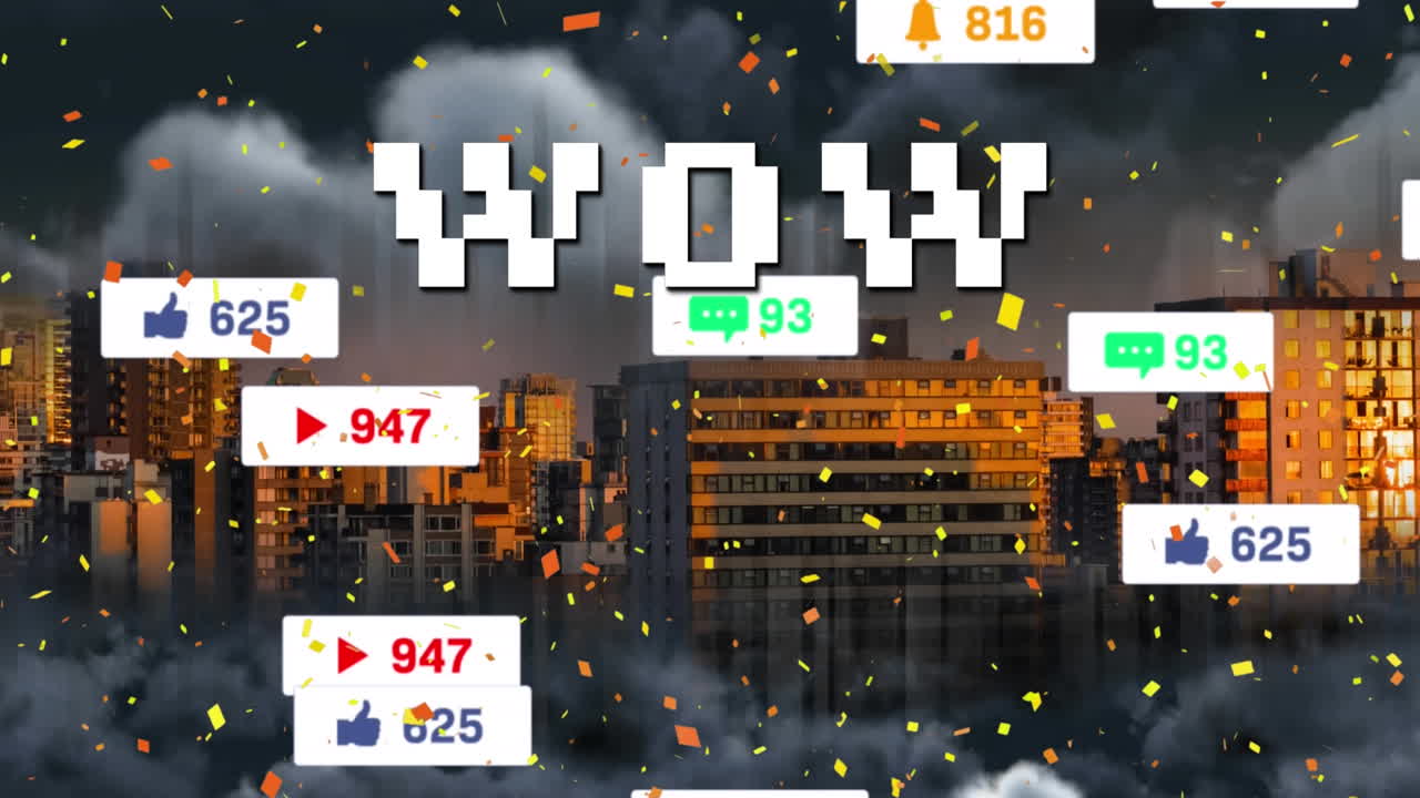 도시 풍경 위에서 성장하는 와우 텍스트와 숫자의 애니메이션