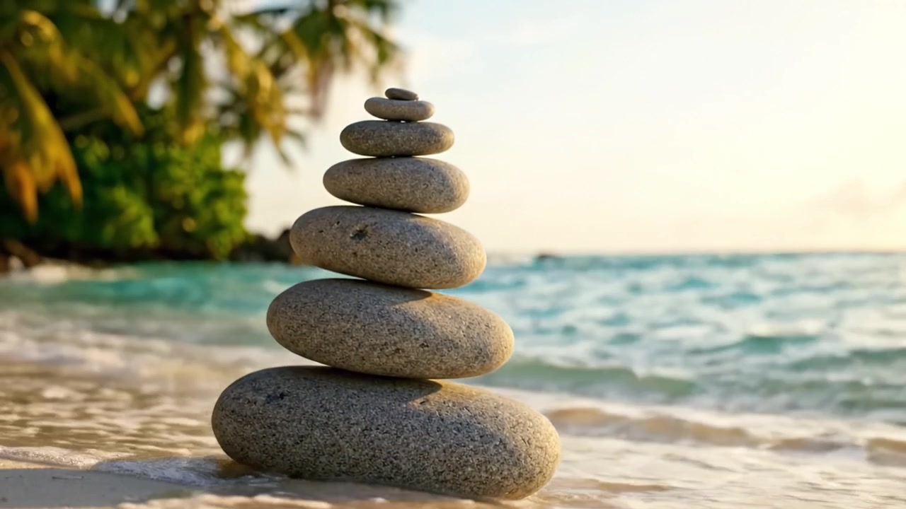 Une pile de pierres sereine, gracieusement équilibrée sur la plage, surplombant des vagues douces et une verdure luxuriante, capturant parfaitement la tranquillité et l'harmonie de la nature.