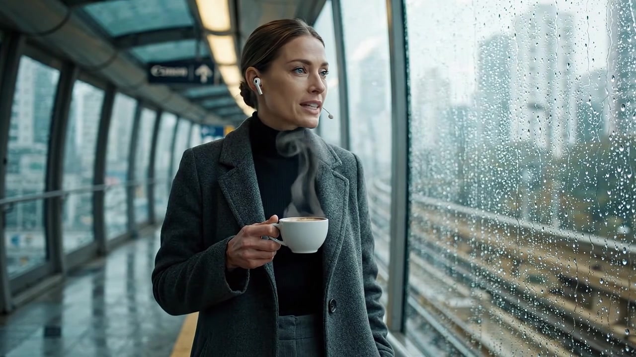 Uma mulher contemplativa saboreia um café fumegante enquanto observa a paisagem urbana chuvosa através de grandes janelas de vidro em um cenário urbano moderno