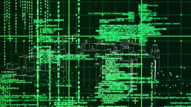 Digital Wireframe Cityscape with Scrolling Programming Code Overlay