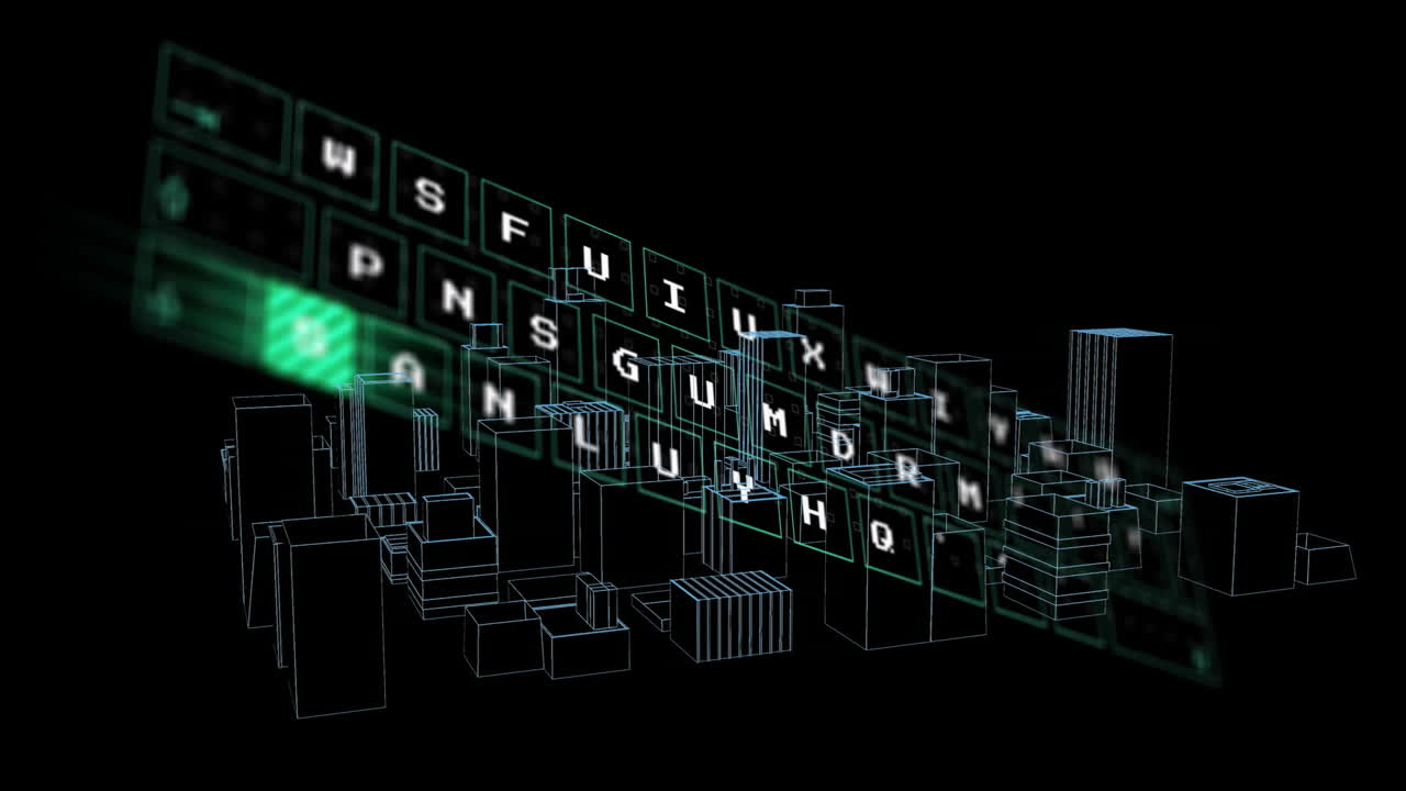 Animation of digital letters and glowing green highlights over cityscape background
