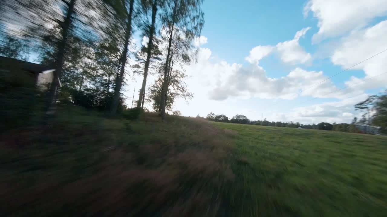 FPV Low Flying Above Grass And Through Trees Beside Lake. Follow Shot