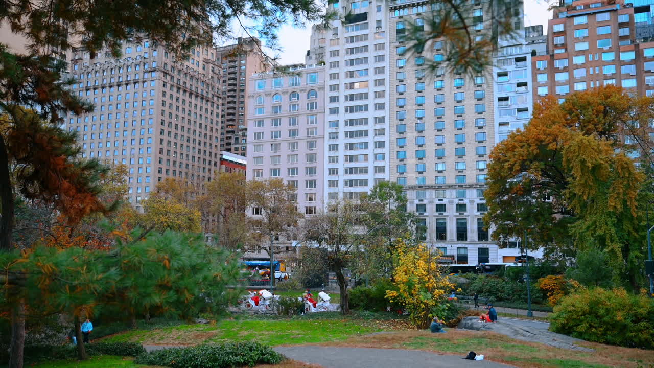 New York, USA, 2. prosince 2025: Moderní výškové budovy New Yorku, USA. Stromy mění barvu listí na podzim.