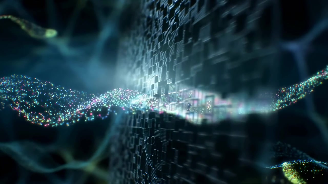 Glowing particle stream moves across abstract digital surface with flowing curves and textured depth, combining cool blue tones, soft light, and futuristic visual design in dark environment.