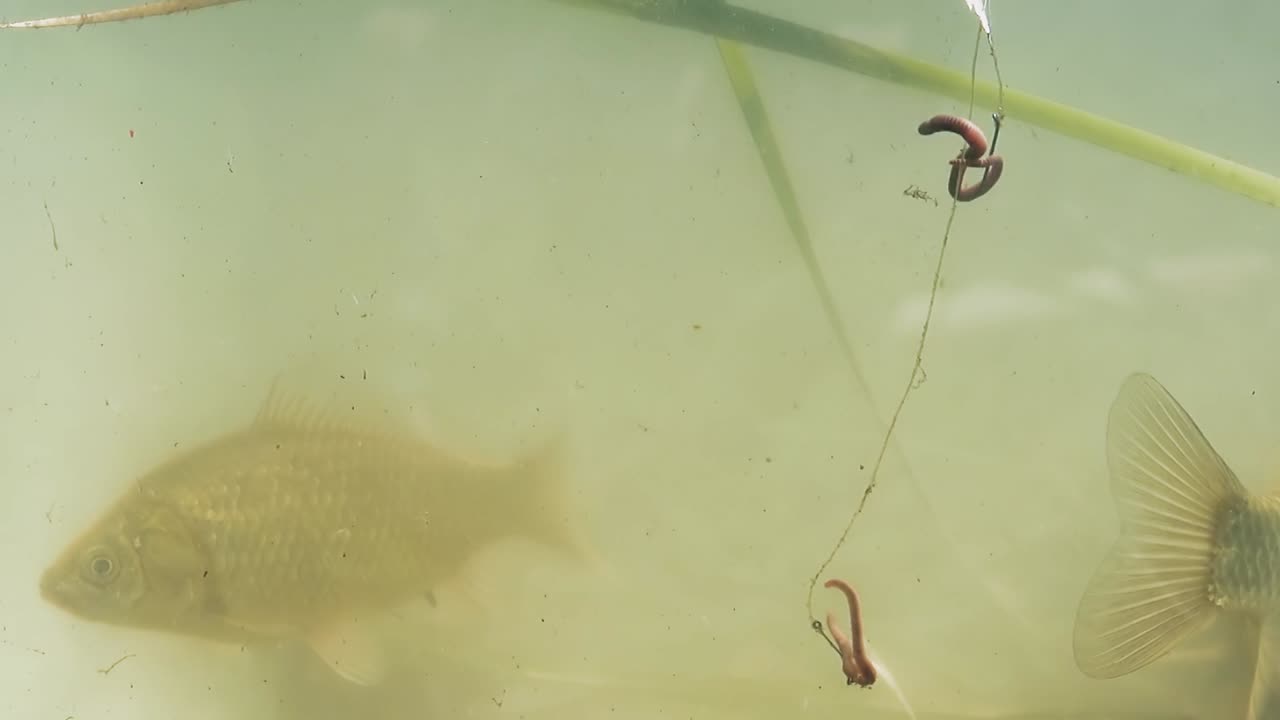 Fisk svømmer i innsjøen nær fiskekroken 1.