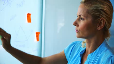 mujer ejecutiva leyendo notas adhesivas en tablero de vidrio