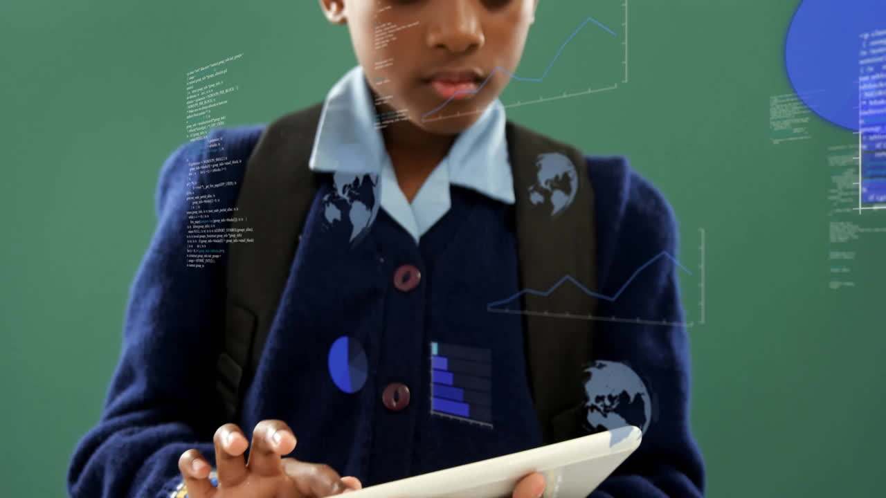 In school, animation of digital graphs on tablet used by student in classroom