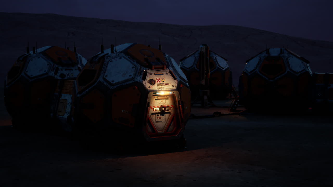 Mars colony base illuminated at night with habitat modules in the foreground
