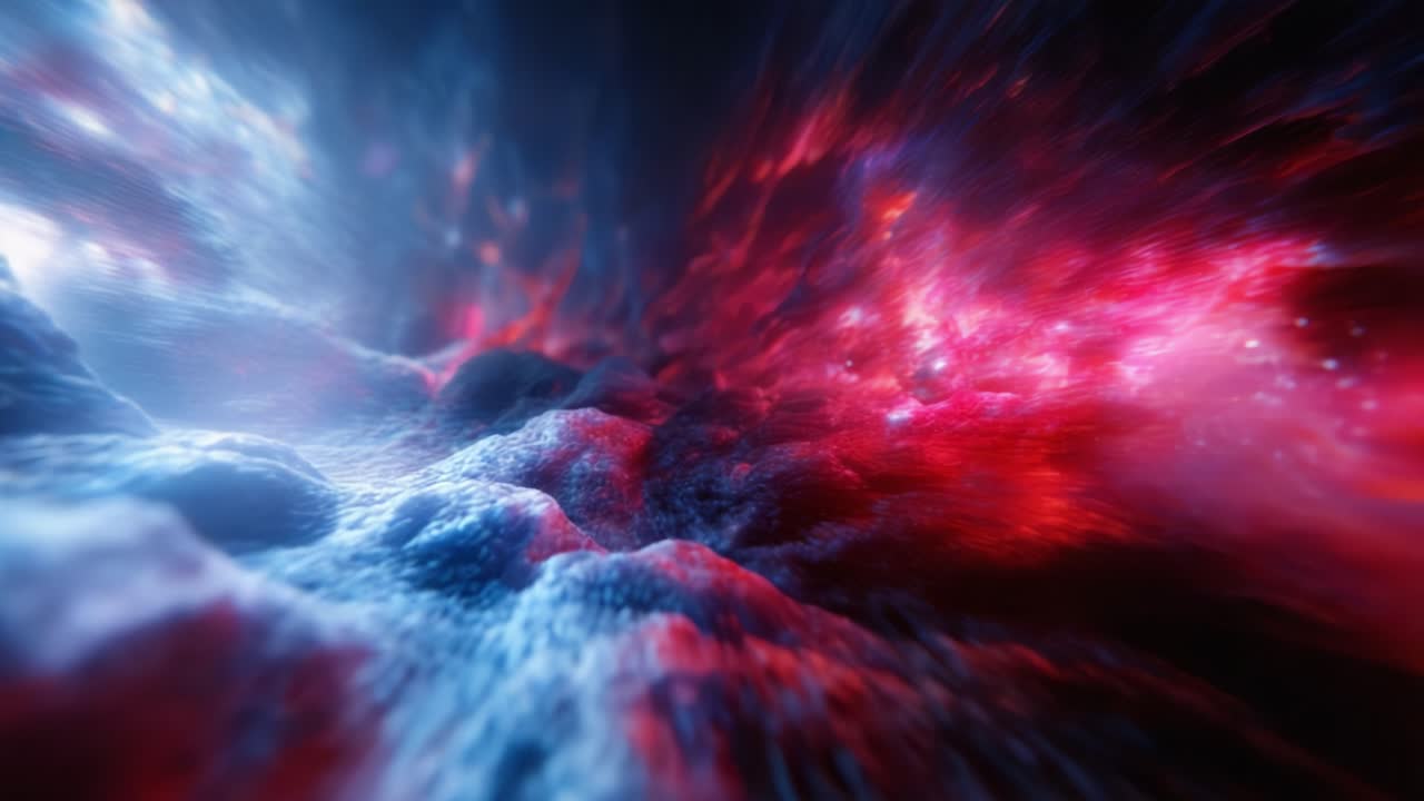 Viaggio cosmico immersivo attraverso una nebulosa vibrante, che mostra i misteri dello spazio con una splendida miscela di effetti luminosi rossi e blu.