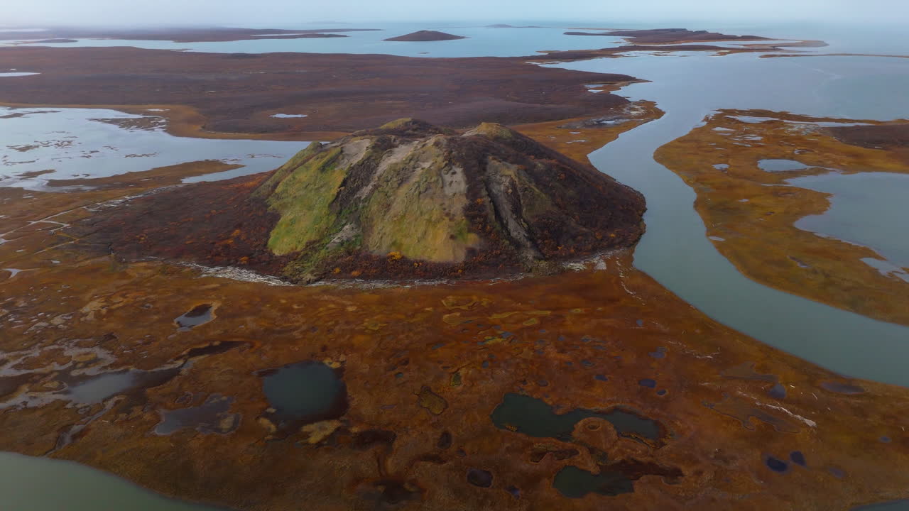 Aerial View Of Pingo Formation Near Tuktoyaktuk In Northwest Territories, Canada - Drone Shot
