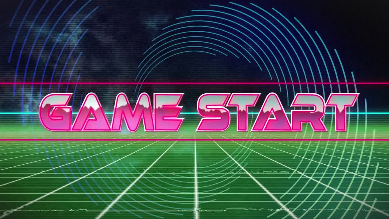 어두운 배경에 네온 패턴 위에 게임 시작 텍스트의 애니메이션