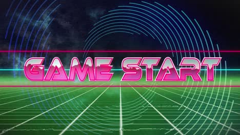 animación del texto de inicio del juego sobre patrón de neón en fondo oscuro