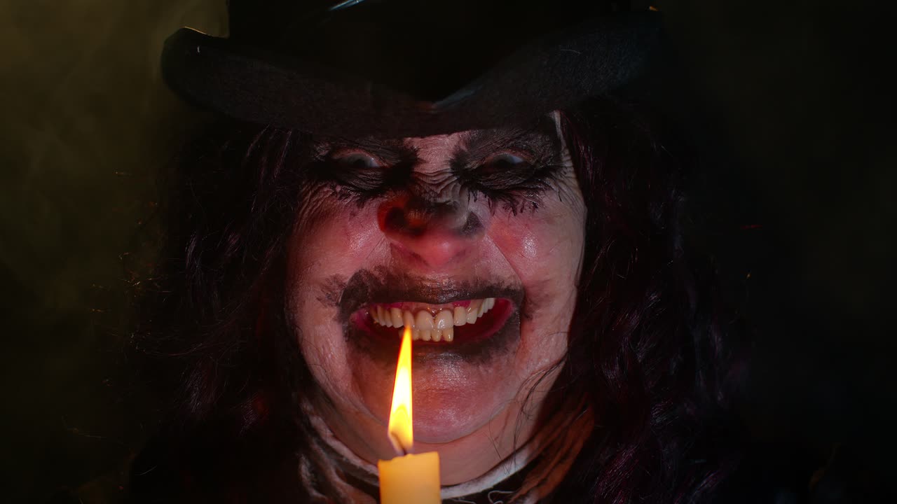 Sinister old mature woman in carnival costume of Halloween witch making magic rituals with candle