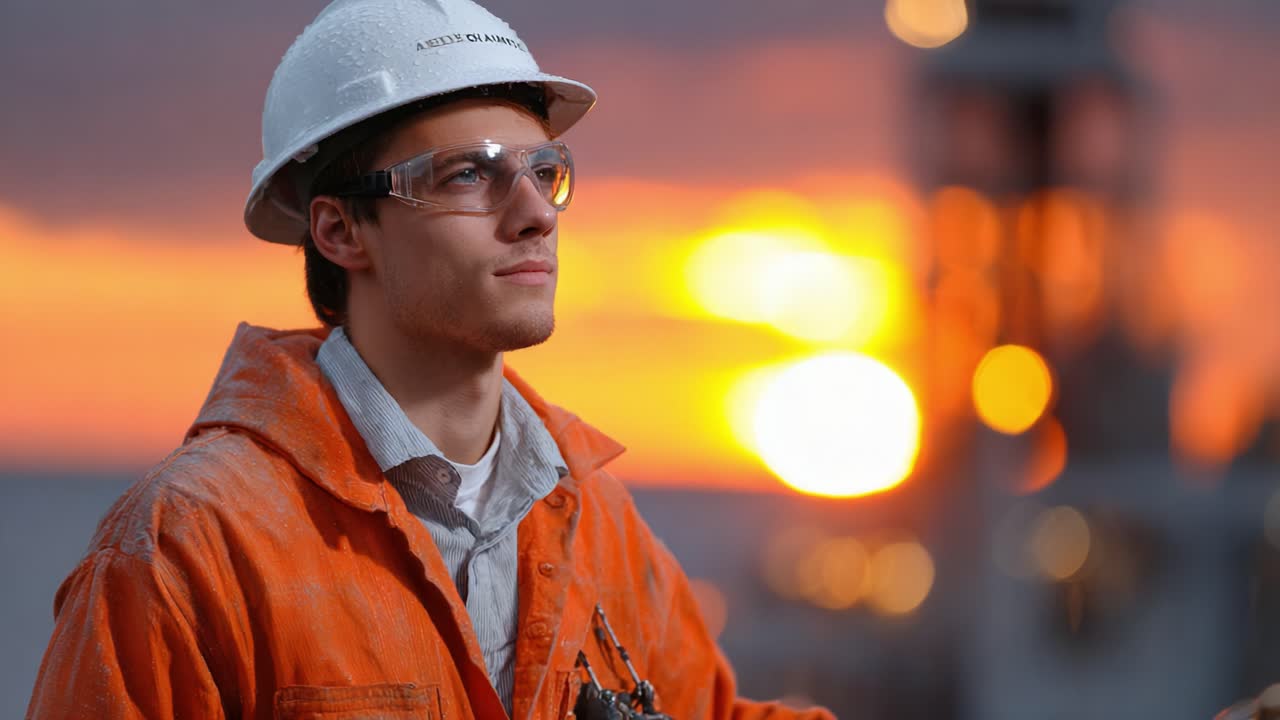 Un giovane lavoratore concentrato, con indumenti protettivi, si staglia contro un tramonto vivace, a simboleggiare dedizione e perseveranza in un ambiente di lavoro impegnativo.