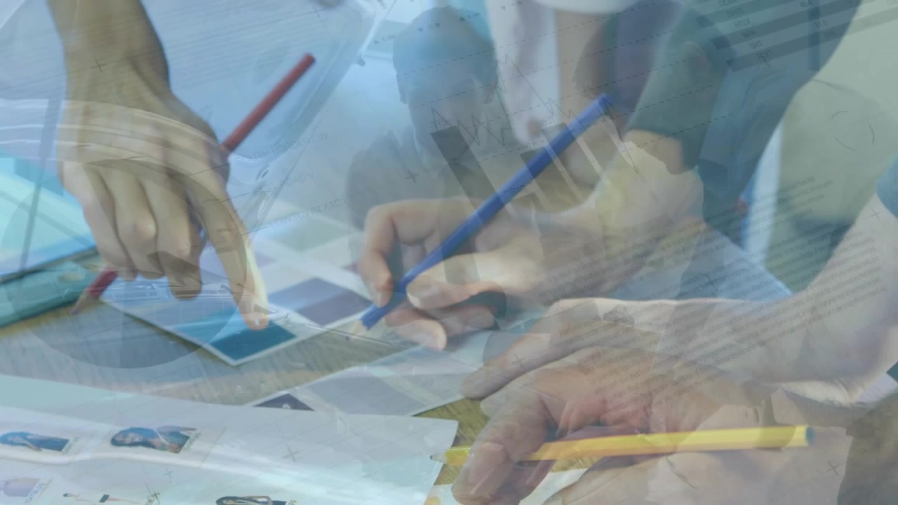 Two men designing marking swatches finger pointing causing blue marks choosing palette overlays