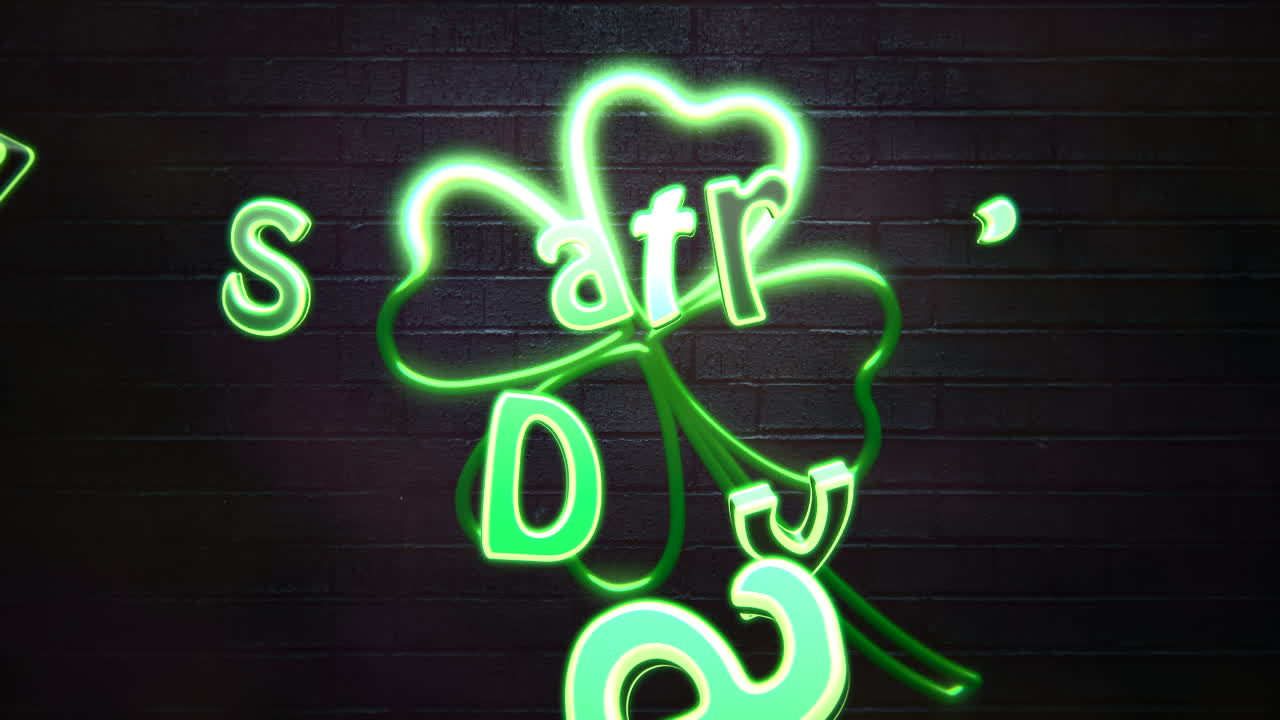 애니메이션 근접 촬영 성 패트릭 파티 텍스트 및 모션 성 패트릭 데이 빛나는 배경에 큰 네온 녹색 토끼풀