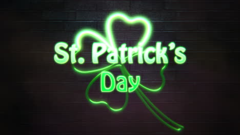 Animation-Nahaufnahme-St.-Patricks-Party-Text-Und-Bewegung-Großes-Neongrünes-Kleeblatt-Auf-St.-Patrick-Day-Glänzendem-Hintergrund