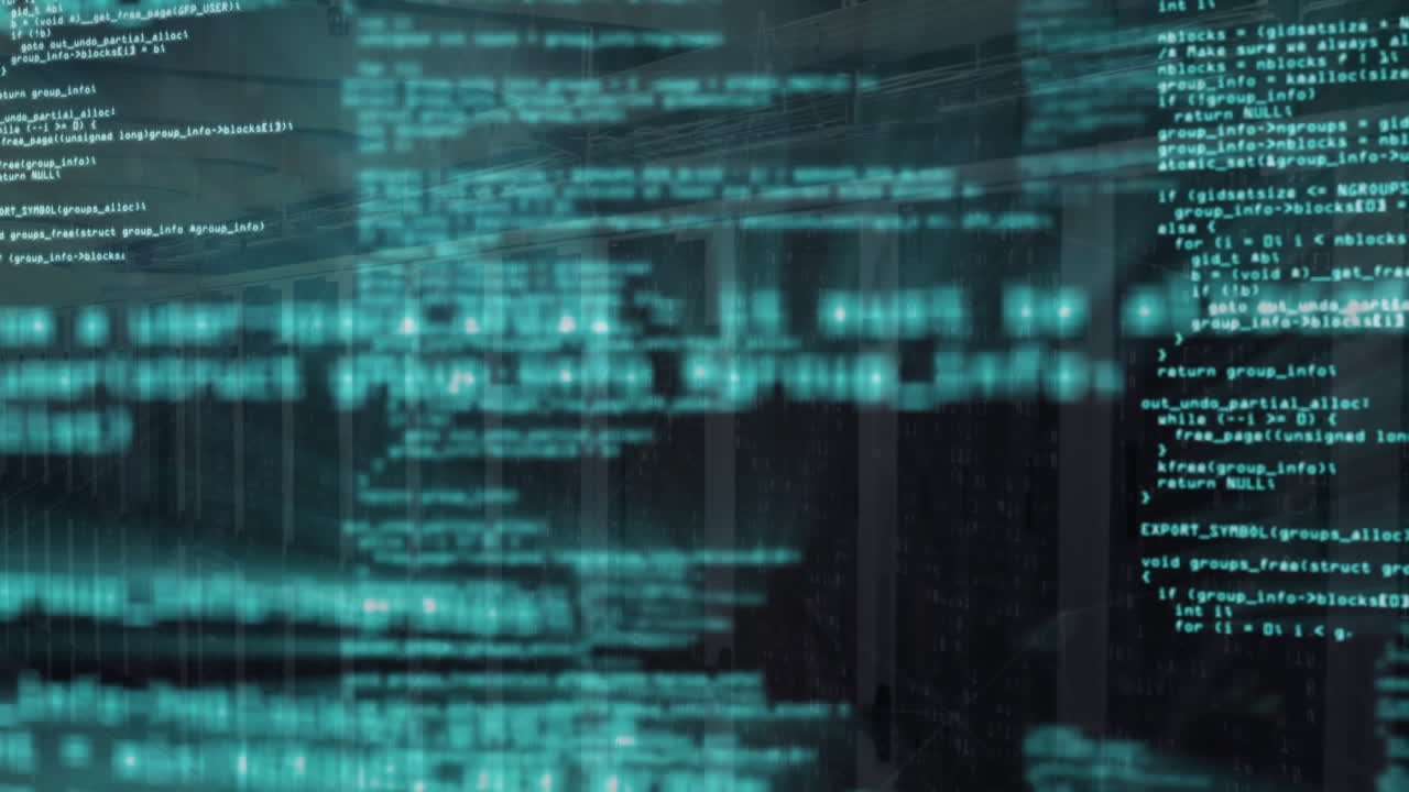 Animation of computer language against server room in background