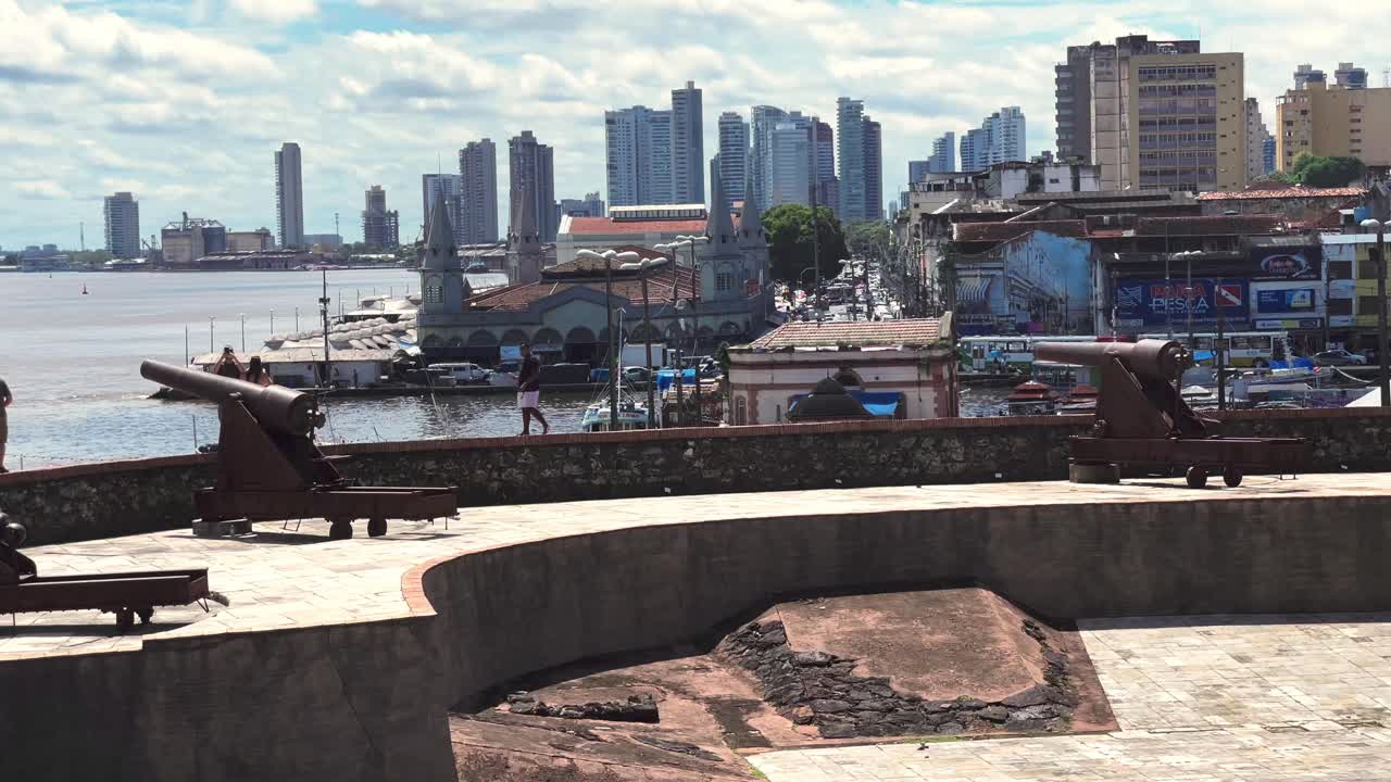Brazil, Belem, The Ver-o-Peso Market and Surroundings:A view from the Forte do Presépio towards the Ver-o-Peso market on the Amazon River's edge, the historic fort and the bustling market scene.