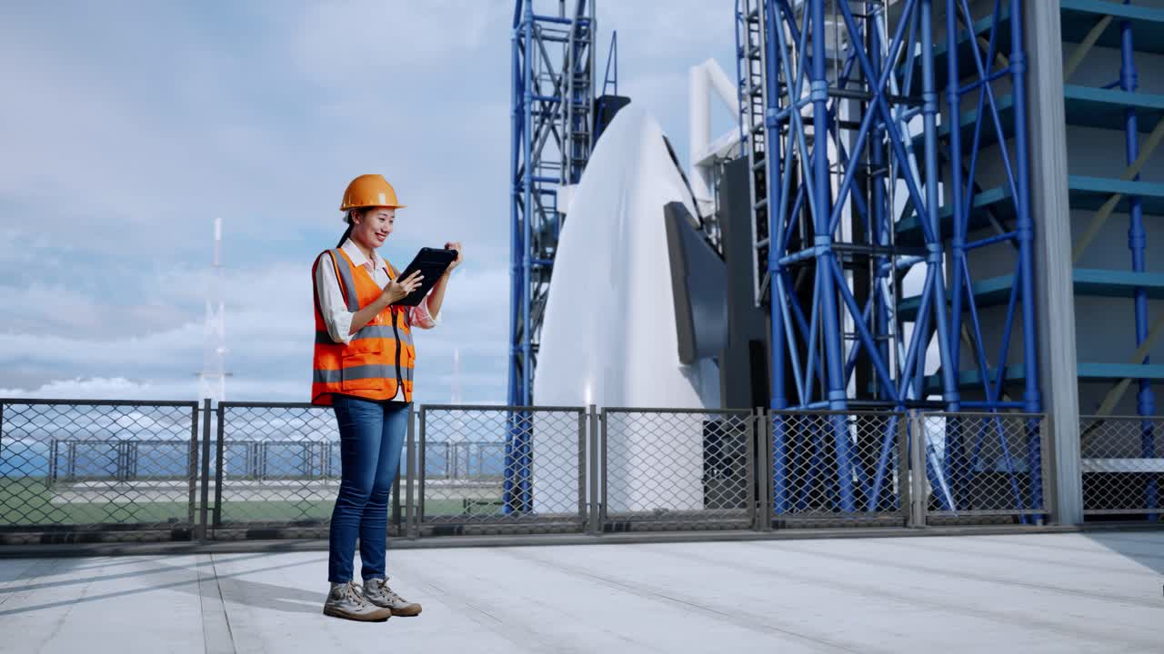 vista lateral completa del cuerpo de una ingeniera asiática con casco de seguridad tomando nota en la tableta y mirando a su alrededor mientras está de pie con el transbordador espacial