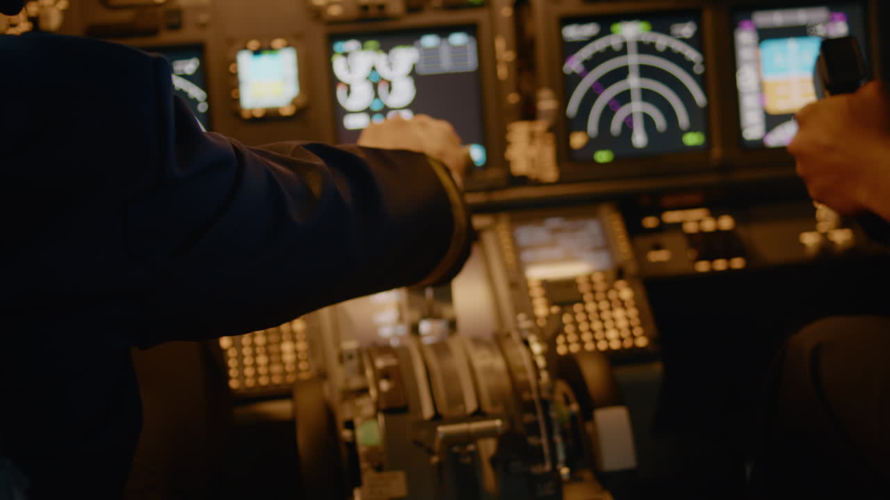 Aircraft captain in command throttling engine handle to takeoff