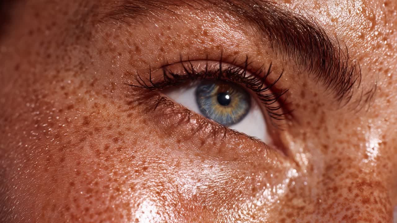 Close-Up Examination of Freckles and Textured Skin: A Transition from Wide-Awake to Dreamy Eye Expression in a Natural Beauty Context