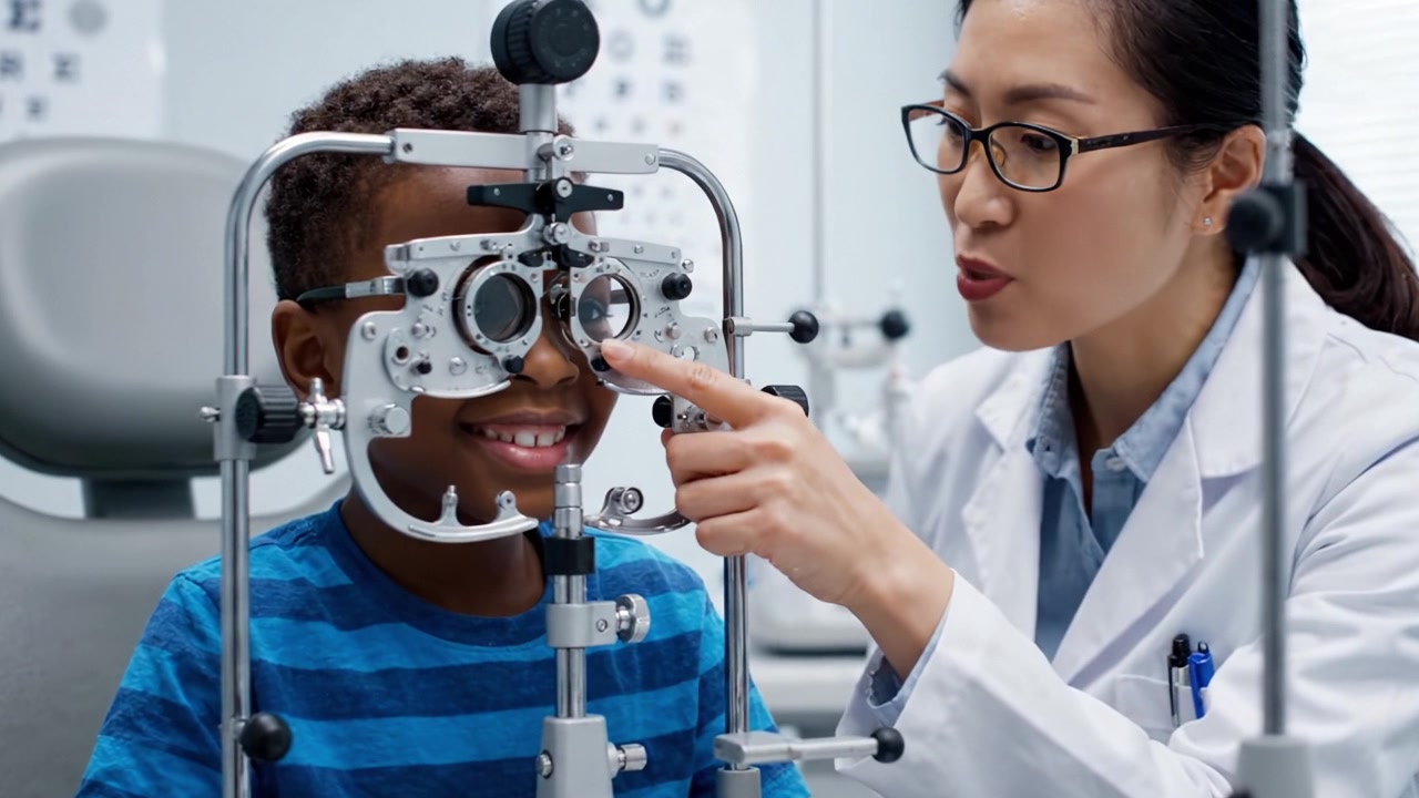 Lite barn som gjennomgår en synsundersøkelse med en profesjonell optiker, som viser viktigheten av synspleie og regelmessige kontroller for barn.