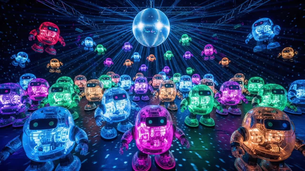 A Vibrant Dance Party of Illuminated Robots Under a Disco Ball, Showcasing a Colorful Array of Light and Motion in a Magical, Futuristic Atmosphere