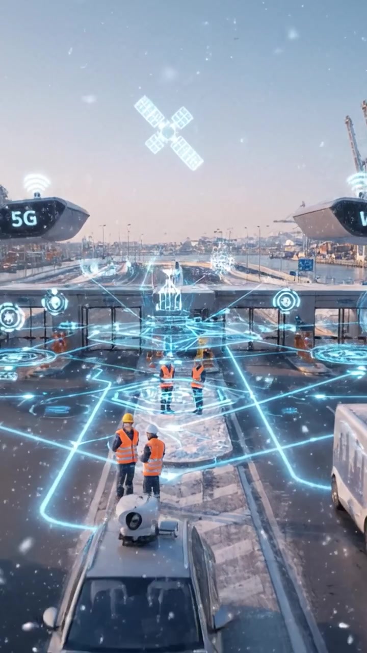 Hub di trasporto intelligente: il futuro dei veicoli autonomi e della connettività 5G in azione in un centro logistico ad alta tecnologia durante condizioni invernali.