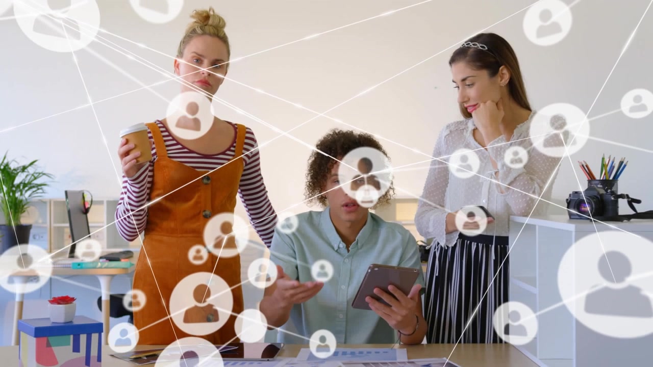 Animation of network of profiles over diverse colleagues talking looking at the camera at office