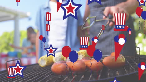 animation of american flag coloured decorations, floating over family barbecue